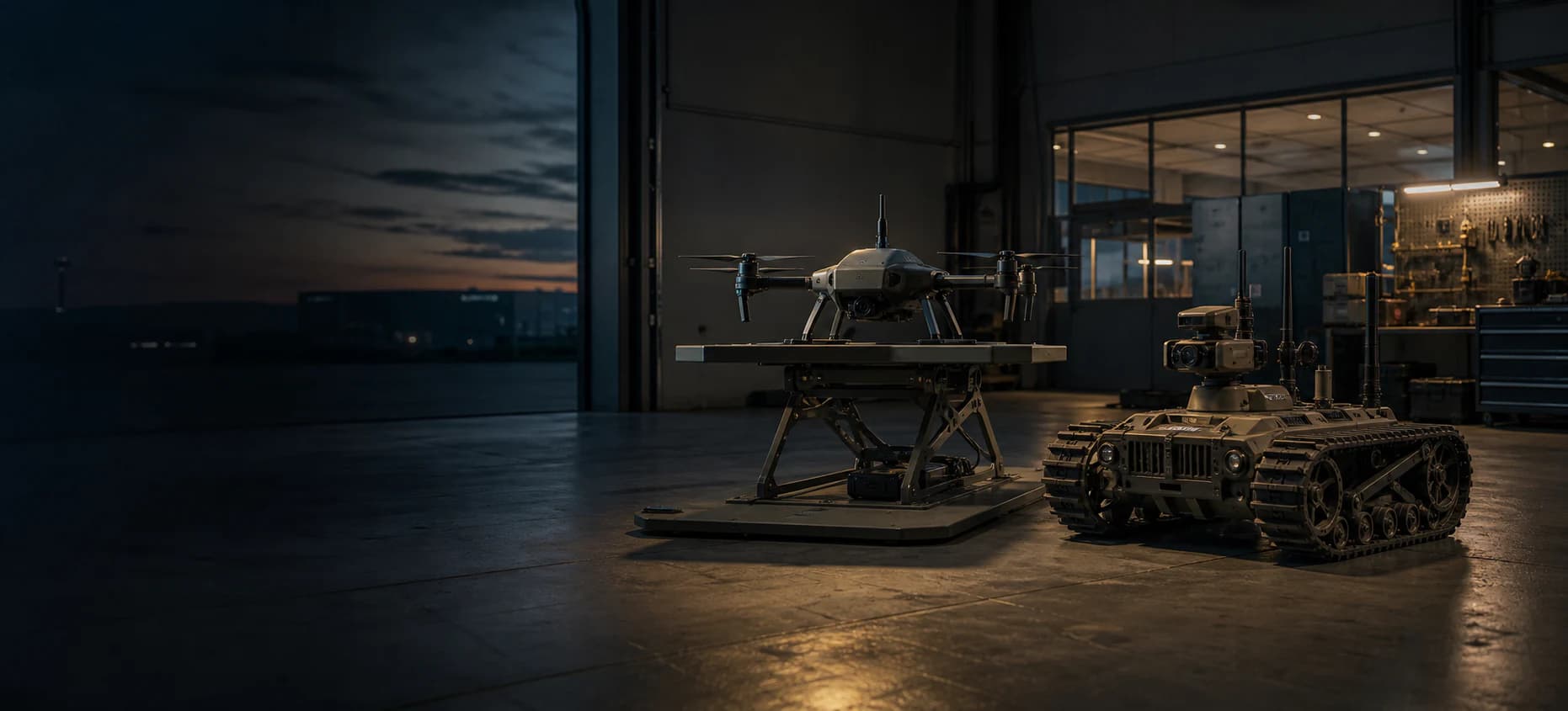 Unarmed autonomous drone and tracked inspection rover prepared inside a robotic mission rehearsal bay