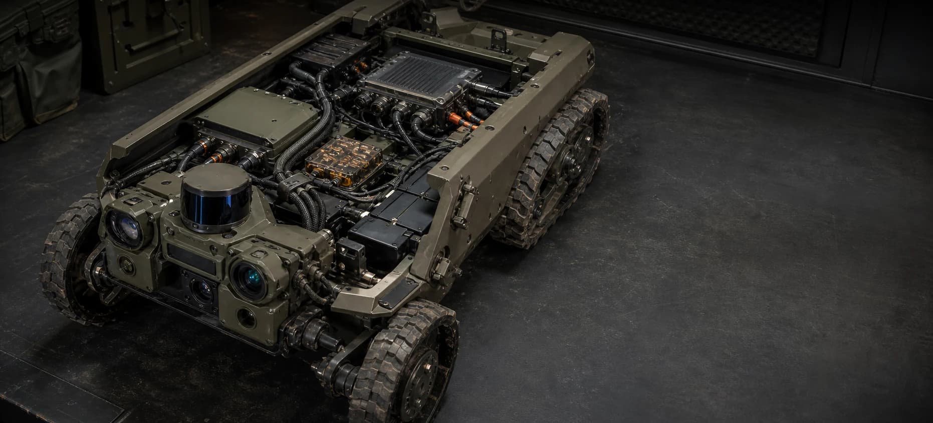 Opened rugged inspection robot showing protected sensors, compute modules, power distribution, and field-serviceable connections