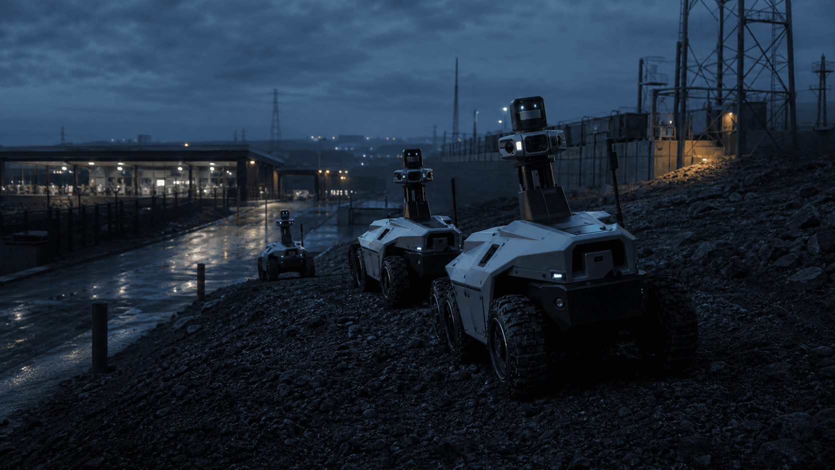 Three autonomous ground robots operating near a supervised critical infrastructure site at blue hour