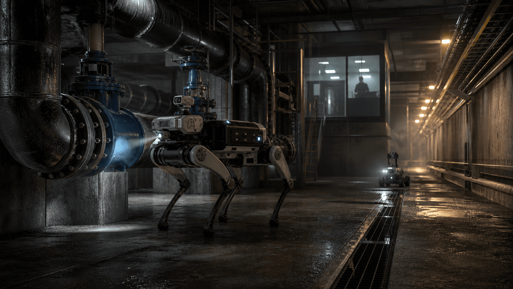 A quadruped robot inspecting an industrial pipe junction inside a supervised utility tunnel