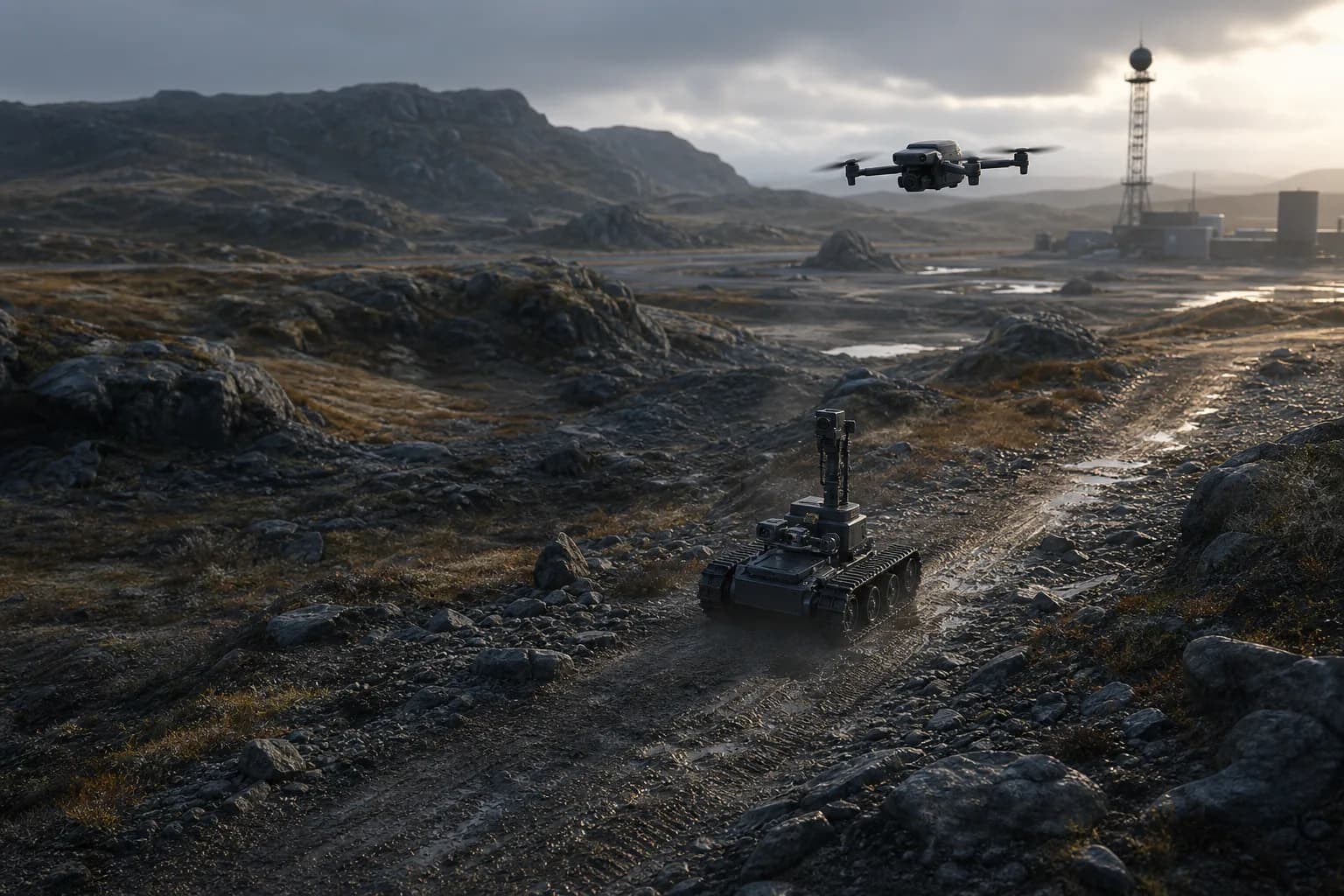 An autonomous drone and tracked inspection robot operating across a remote test range