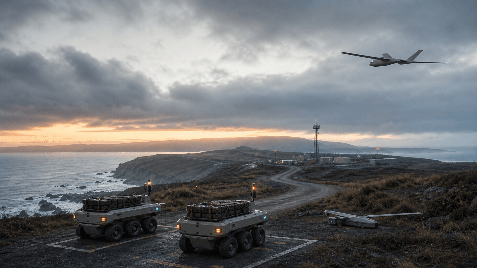 Autonomous aircraft and cargo rovers holding safely along a remote coastal logistics corridor