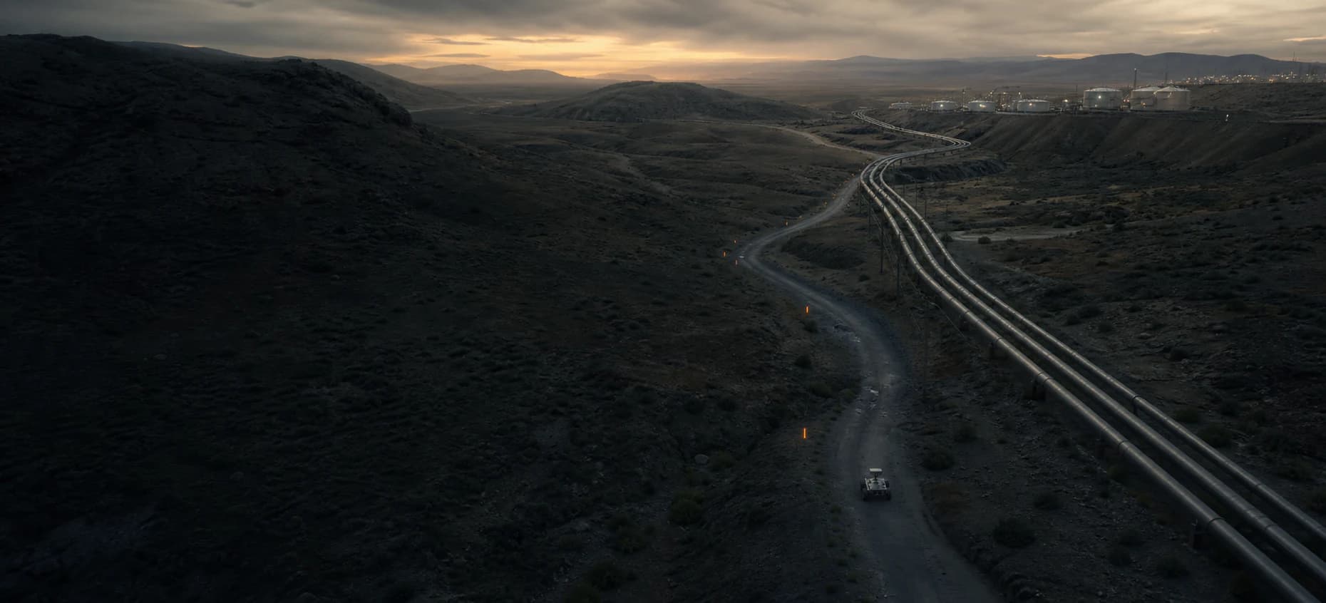 Aerial operational view of an inspection rover following a critical-infrastructure corridor at dawn